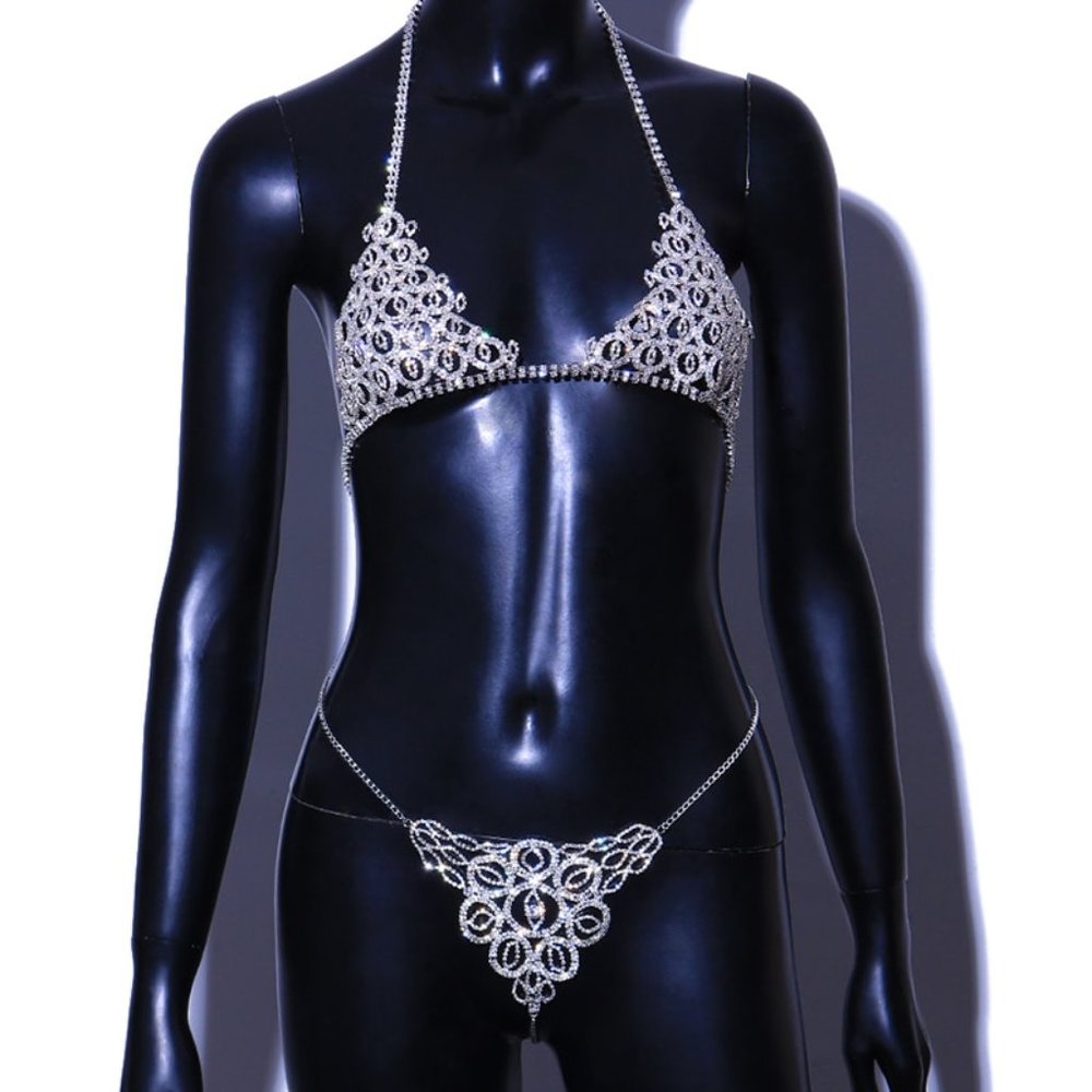 Evil Eye Underwear Set Women Crystal Panties Waist Chain Bra Thong Body Jewelry - Picture 3 of 10